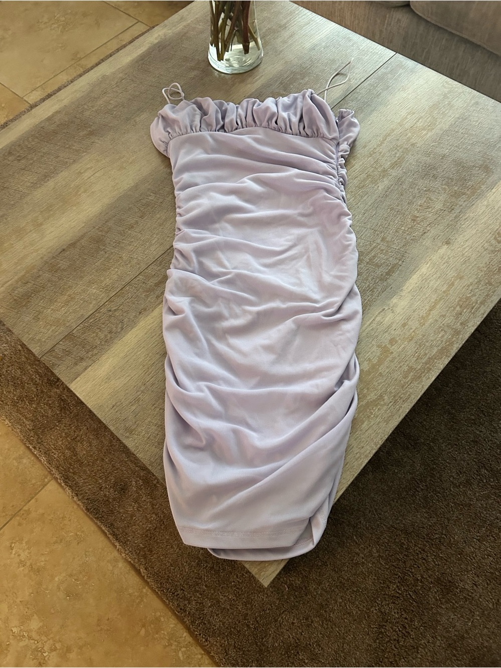 Princess Polly Lavender Ruched Mini Dress with Ruffle Neckline